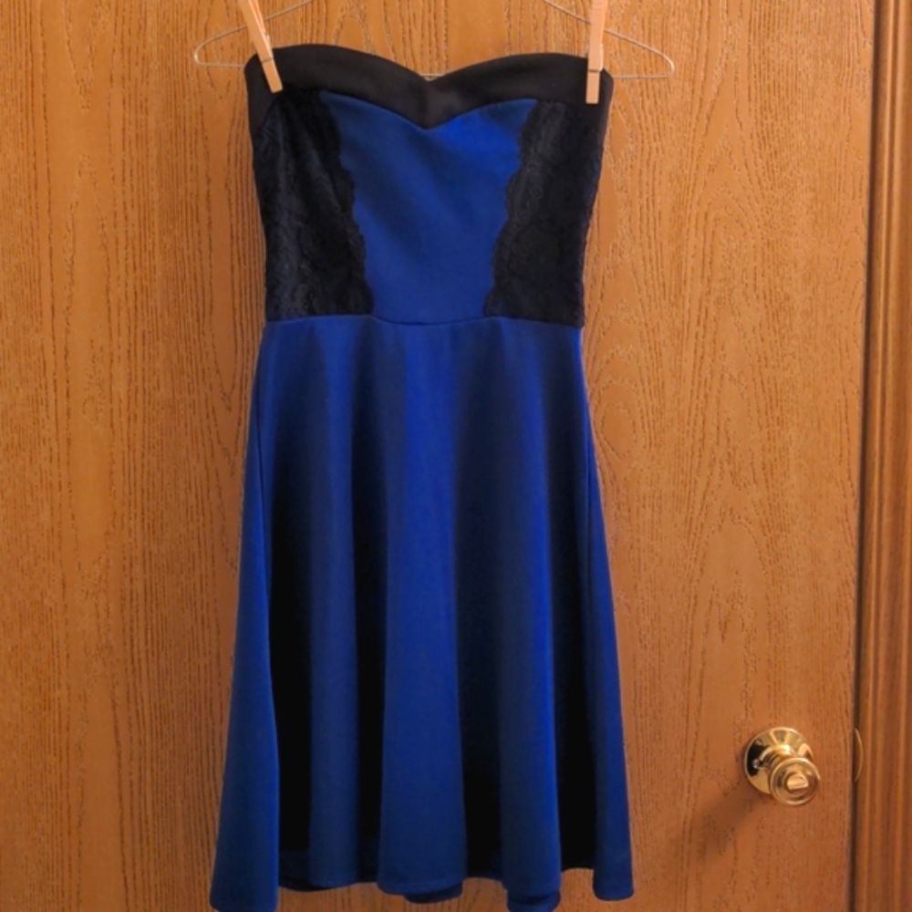 Strapless Royal Blue dress with Black Lace, Size Small